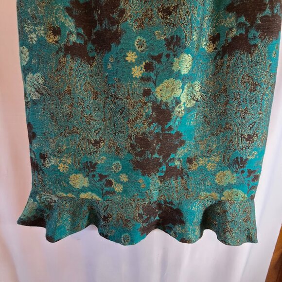 BANU PARIS FLORAL BROCADE SKIRT SIZE 6 TEAL BROWN PRINT BOTTOM RUFFLE HEM - Picture 3 of 8